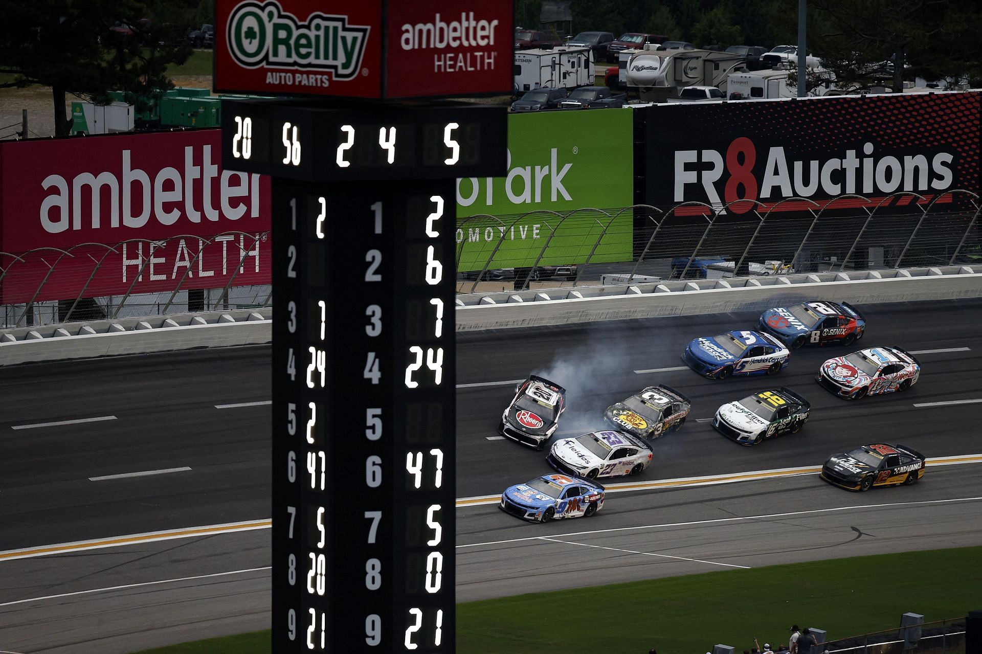 Christopher Bell (20) spins after an on-track incident in the NASCAR Cup Series race at Echopark Speedway. Source: Getty